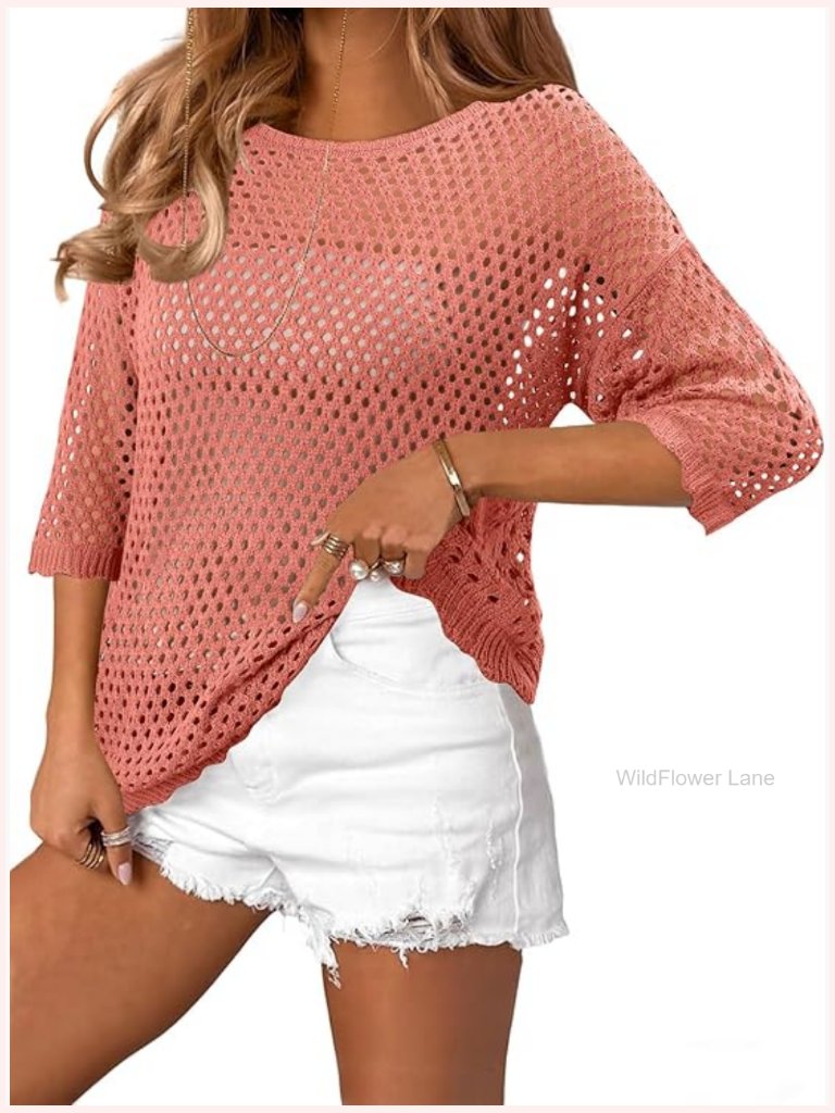 Crochet Hollow Out Beach Cover Up Knit Pullover Top Spring Summer Half Sleeve